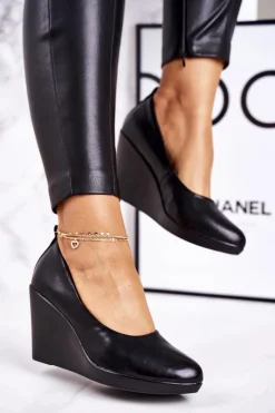 Damskie Klasyczne Czółenka Na Koturnie Czarne Ivonne Damskie Czółenka Na Platformie|Czarne Botki