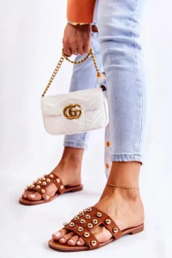 Outlet Damskie Klasyczne Klapki Z Ozdobami Brązowe Scotlyn Damskie Klapki Damskie Klasyczne