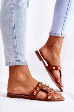 Outlet Damskie Klasyczne Klapki Z Ozdobami Brązowe Scotlyn Damskie Klapki Damskie Klasyczne