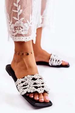 Outlet Damskie Klasyczne Klapki Z Perłami Czarne Calipso Damskie Klapki Damskie Klasyczne