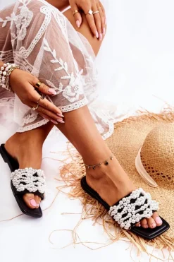 Outlet Damskie Klasyczne Klapki Z Perłami Czarne Calipso Damskie Klapki Damskie Klasyczne