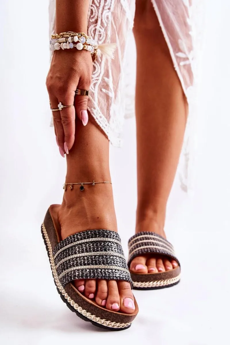 Clearance Damskie Klasyczne Klapki Z Łańcuszkiem Czarne Maddy Damskie Klapki Damskie Klasyczne