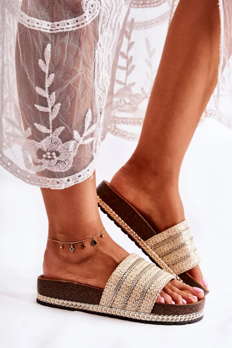 Klapki Damskie Klasyczne>Damskie buty S.Barski Damskie Klasyczne Klapki Z Łańcuszkiem Beżowe Maddy