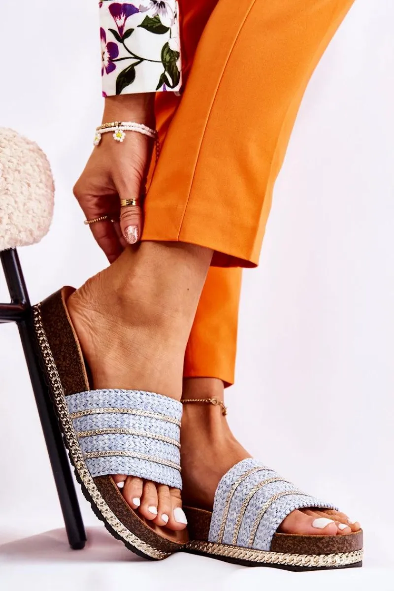 Klapki Damskie Klasyczne>Damskie buty S.Barski Damskie Klasyczne Klapki Z Łańcuszkiem Niebieskie Maddy