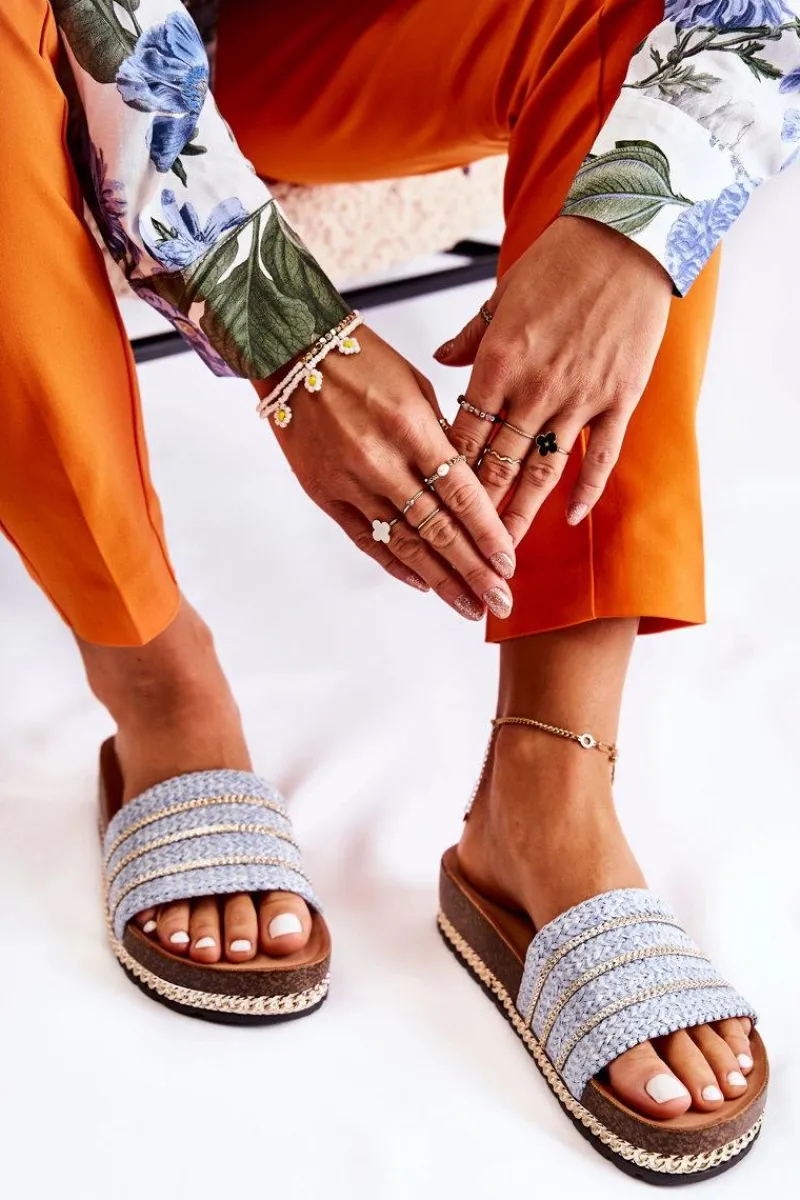 Klapki Damskie Klasyczne>Damskie buty S.Barski Damskie Klasyczne Klapki Z Łańcuszkiem Niebieskie Maddy