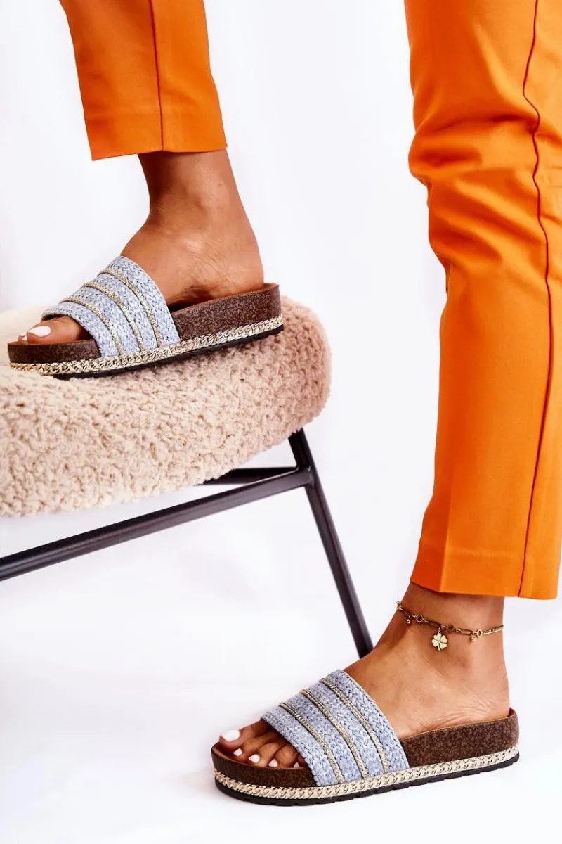 Klapki Damskie Klasyczne>Damskie buty S.Barski Damskie Klasyczne Klapki Z Łańcuszkiem Niebieskie Maddy