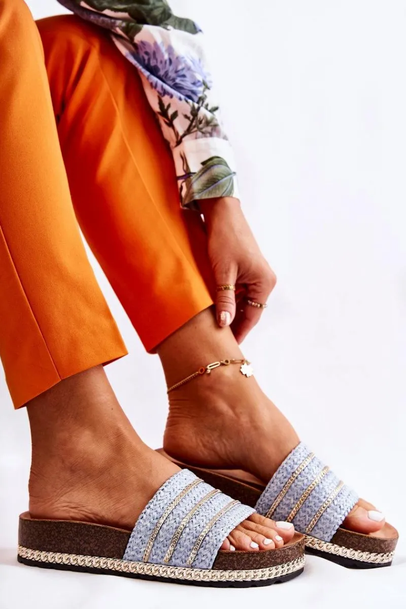 Klapki Damskie Klasyczne>Damskie buty S.Barski Damskie Klasyczne Klapki Z Łańcuszkiem Niebieskie Maddy