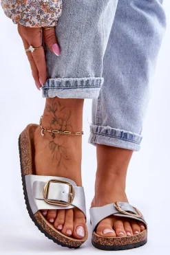 Klapki Korkowe|Klapki Na Platformie>Boto Damskie Klasyczne Klapki Na Korkowej Platformie Srebrne Noa