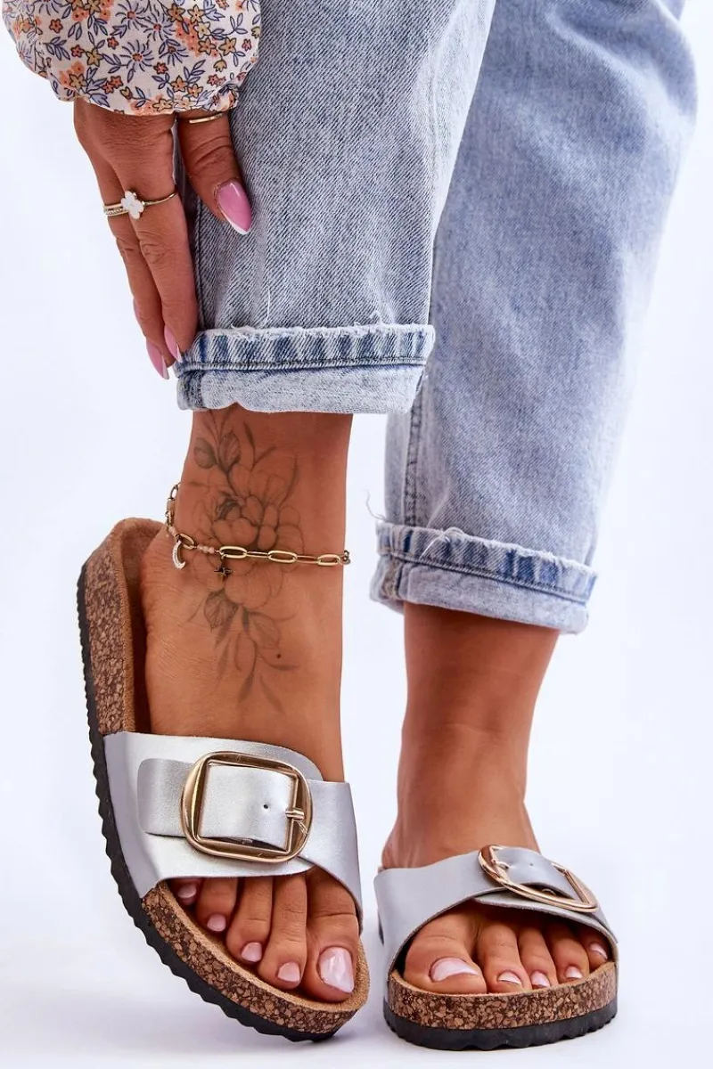 Klapki Korkowe|Klapki Na Platformie>Boto Damskie Klasyczne Klapki Na Korkowej Platformie Srebrne Noa