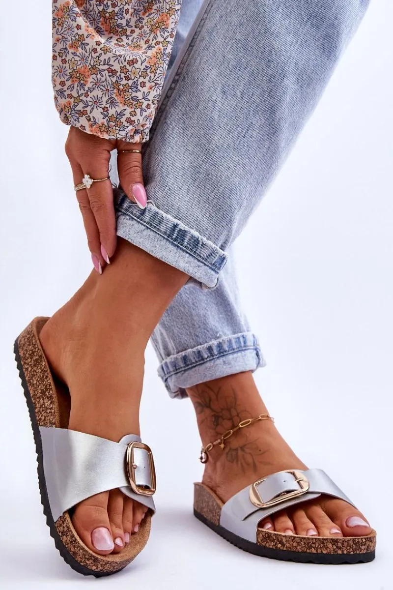 Klapki Korkowe|Klapki Na Platformie>Boto Damskie Klasyczne Klapki Na Korkowej Platformie Srebrne Noa