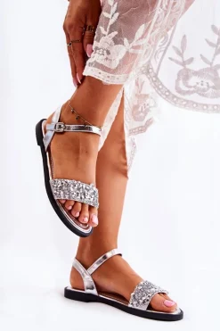Best Damskie Klasyczne Sandałki Z Ozdobami Srebrne Florella Damskie Sandały Płaskie