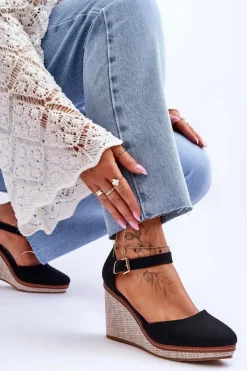 Best Damskie Klasyczne Sandały Na Koturnie Czarne Malani Damskie Sandały Na Koturnie