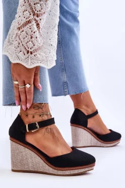 Best Damskie Klasyczne Sandały Na Koturnie Czarne Malani Damskie Sandały Na Koturnie