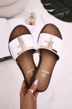 Outlet Damskie Klasyczne Skórzane Klapki Białe Adele Damskie Klapki Damskie Klasyczne