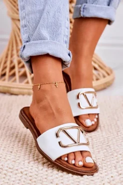 Clearance Damskie Klasyczne Skórzane Klapki Białe Evie Damskie Klapki Damskie Klasyczne