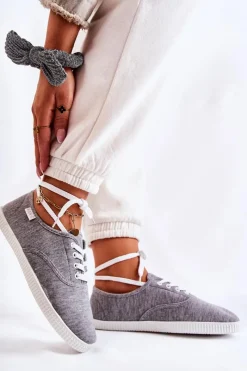 Trampki Damskie Niskie>Evento Damskie Klasyczne Tenisówki Wiązane Szare Dellis