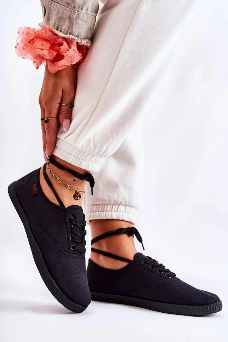 Sale Damskie Klasyczne Tenisówki Wiązane Czarne Dellis Damskie Trampki Damskie Niskie