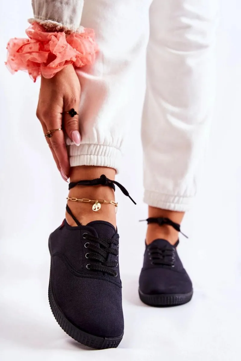 Sale Damskie Klasyczne Tenisówki Wiązane Czarne Dellis Damskie Trampki Damskie Niskie