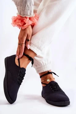 Sale Damskie Klasyczne Tenisówki Wiązane Czarne Dellis Damskie Trampki Damskie Niskie