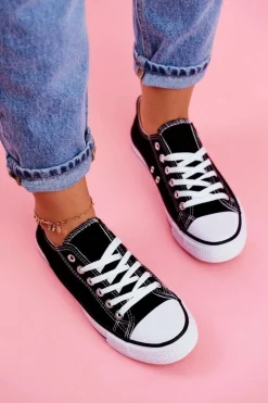 Trampki Damskie Niskie>Boto Damskie Klasyczne Trampki Czarne z Białą Podeszwą Omerta