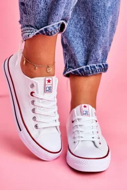 Trampki Damskie Niskie>Boto Damskie Klasyczne Trampki Białe Z Czerwoną Lamówką Ecoma