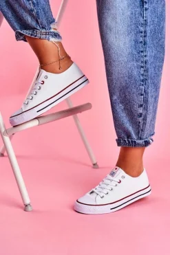 Trampki Damskie Niskie>Boto Damskie Klasyczne Trampki Białe Z Czerwoną Lamówką Ecoma