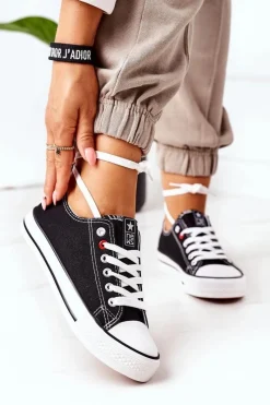 Trampki Damskie Niskie>Evento Damskie Klasyczne Trampki Czarne Z Białą Podeszwą Ecoma