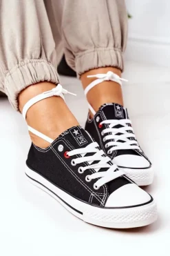 Trampki Damskie Niskie>Evento Damskie Klasyczne Trampki Czarne Z Białą Podeszwą Ecoma