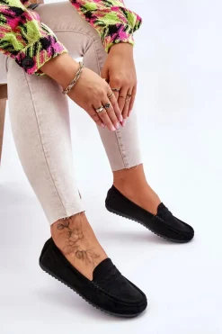 Outlet Boto Damskie Klasyczne Zamszowe Mokasyny Czarne Ivana