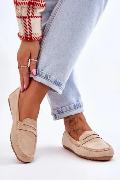 Outlet Boto Damskie Klasyczne Zamszowe Mokasyny Beżowe Ivana