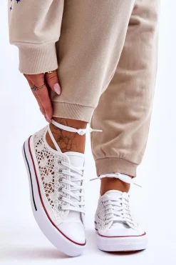 New Damskie Koronkowe Materiałowe Trampki Białe Fergo Damskie Trampki Damskie Niskie