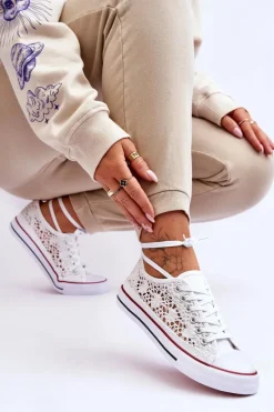 New Damskie Koronkowe Materiałowe Trampki Białe Fergo Damskie Trampki Damskie Niskie