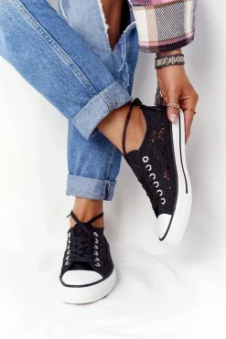 Hot Damskie Koronkowe Trampki Czarne Candice Damskie Trampki Damskie Niskie