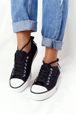 Hot Damskie Koronkowe Trampki Czarne Candice Damskie Trampki Damskie Niskie