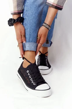 Hot Damskie Koronkowe Trampki Czarne Candice Damskie Trampki Damskie Niskie