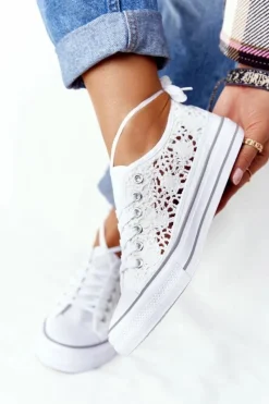 Sale Boto Damskie Koronkowe Trampki Białe Candice