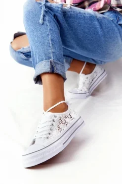 Sale Boto Damskie Koronkowe Trampki Białe Candice