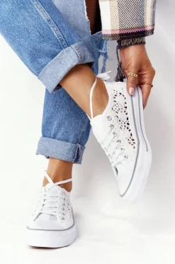 Sale Boto Damskie Koronkowe Trampki Białe Candice