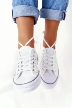 Sale Boto Damskie Koronkowe Trampki Białe Candice