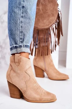 Botki Na Słupku|Czarne Botki>Boto Damskie Kowbojskie Ocieplane Botki Na Słupku Beżowe Margaret