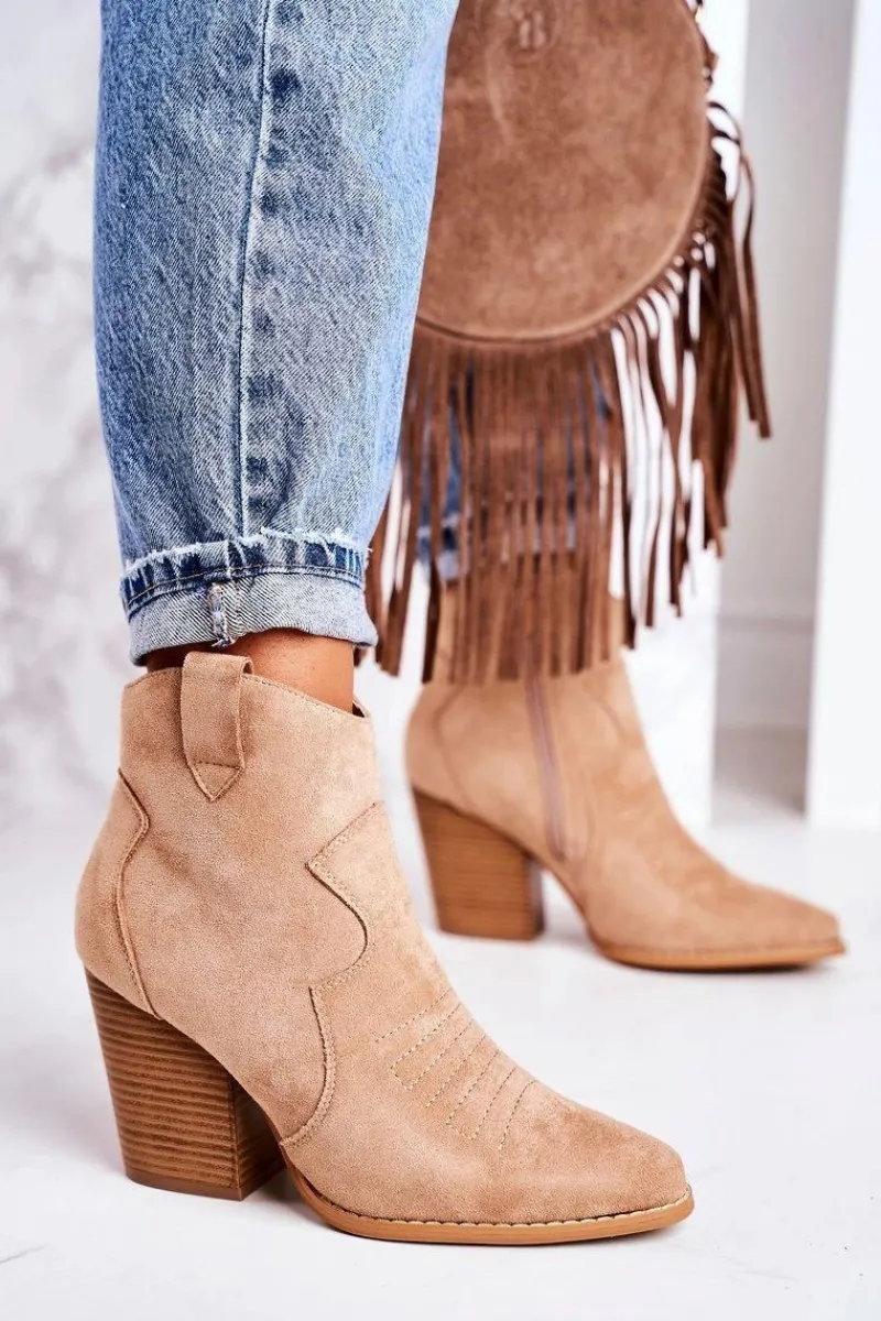 Botki Na Słupku|Czarne Botki>Boto Damskie Kowbojskie Ocieplane Botki Na Słupku Beżowe Margaret