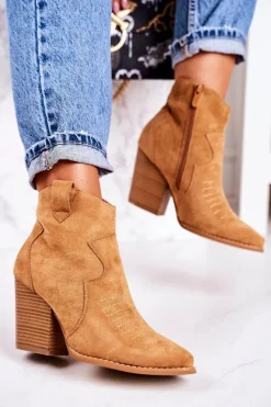 Online Damskie Kowbojskie Ocieplane Botki Na Słupku Karmelowe Margaret Damskie Botki Na Słupku|Czarne Botki