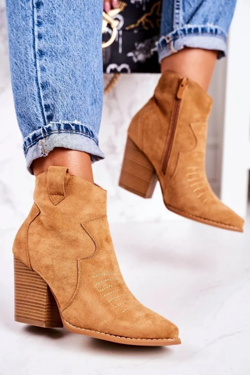 Online Damskie Kowbojskie Ocieplane Botki Na Słupku Karmelowe Margaret Damskie Botki Na Słupku|Czarne Botki