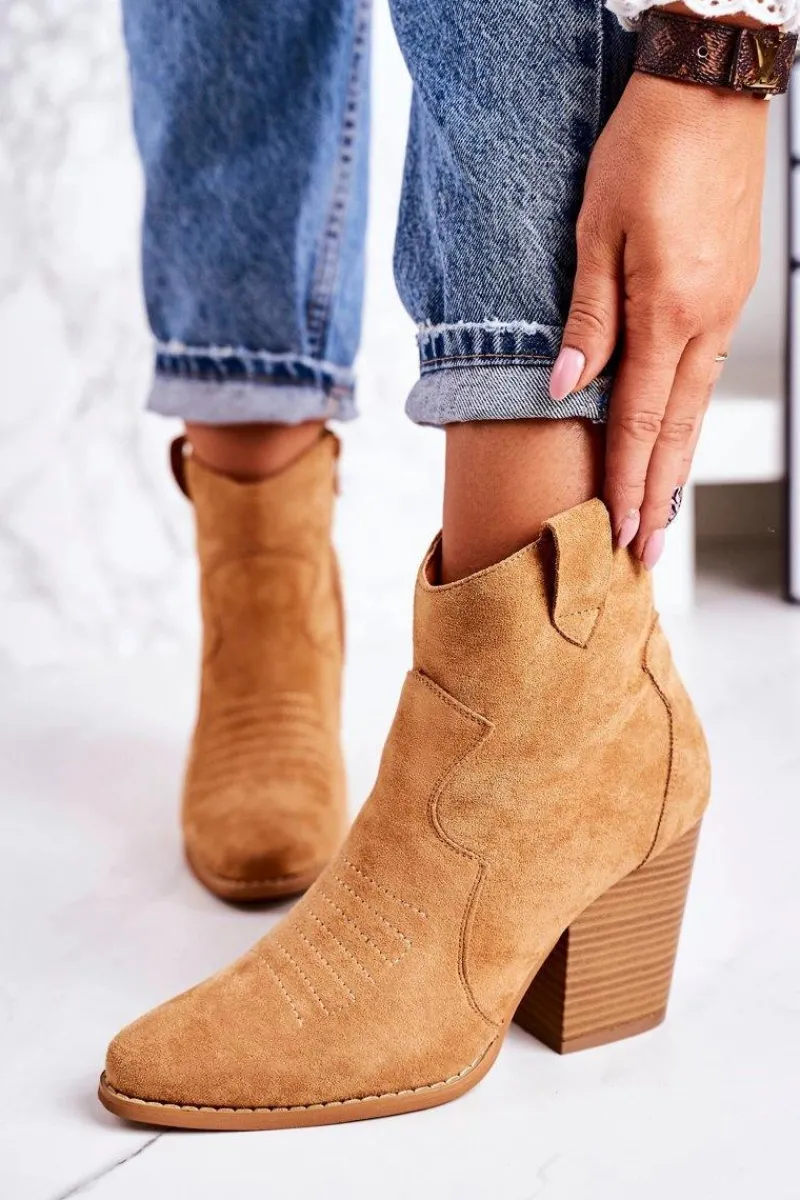 Online Damskie Kowbojskie Ocieplane Botki Na Słupku Karmelowe Margaret Damskie Botki Na Słupku|Czarne Botki