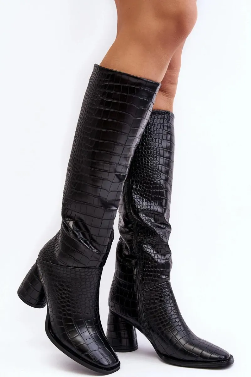 Best Damskie Kozaki Do Kolana Na Słupku Wężowy Wzór Czarne Ceriona Damskie Kozaki Przed Kolano|Kozaki Na Obcasie