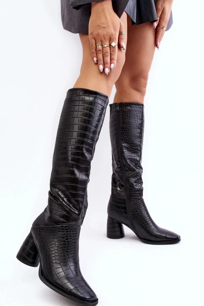 Best Damskie Kozaki Do Kolana Na Słupku Wężowy Wzór Czarne Ceriona Damskie Kozaki Przed Kolano|Kozaki Na Obcasie
