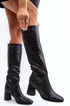 Best Damskie Kozaki Do Kolana Na Słupku Wężowy Wzór Czarne Ceriona Damskie Kozaki Przed Kolano|Kozaki Na Obcasie