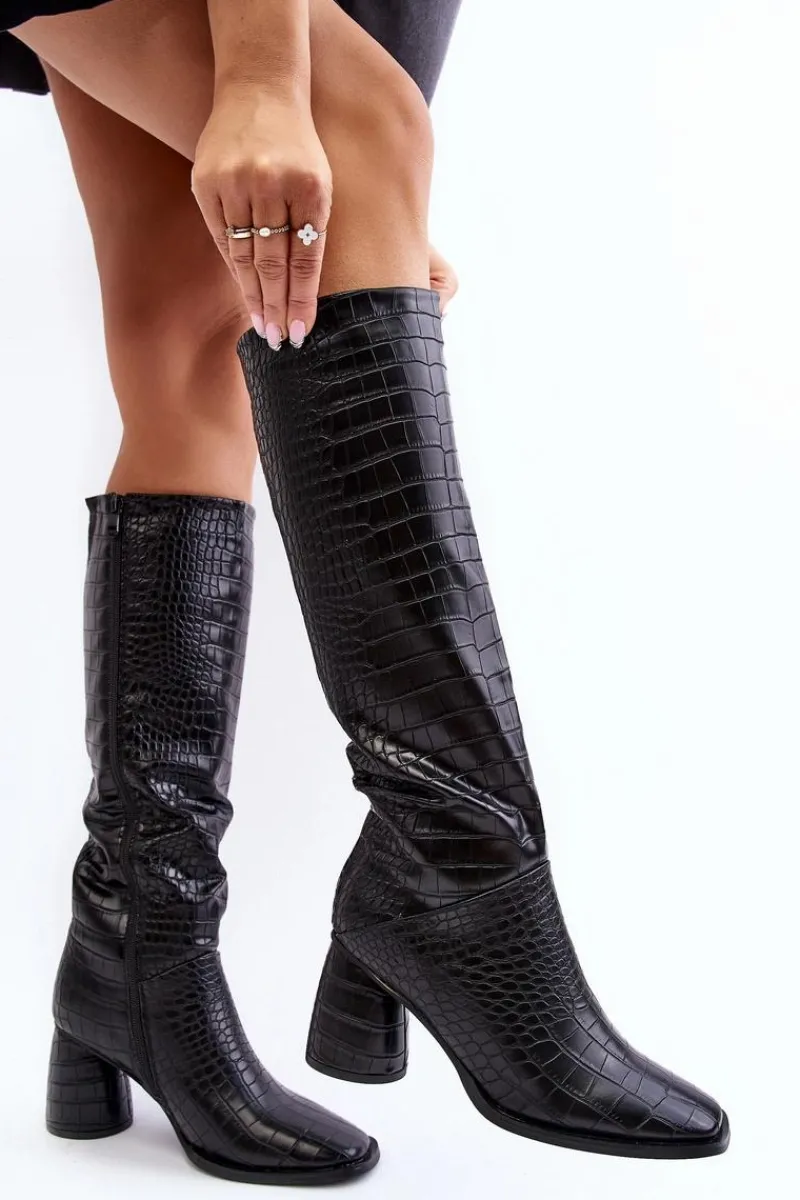 Best Damskie Kozaki Do Kolana Na Słupku Wężowy Wzór Czarne Ceriona Damskie Kozaki Przed Kolano|Kozaki Na Obcasie