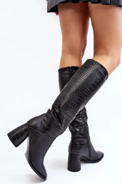 Best Damskie Kozaki Do Kolana Na Słupku Wężowy Wzór Czarne Ceriona Damskie Kozaki Przed Kolano|Kozaki Na Obcasie