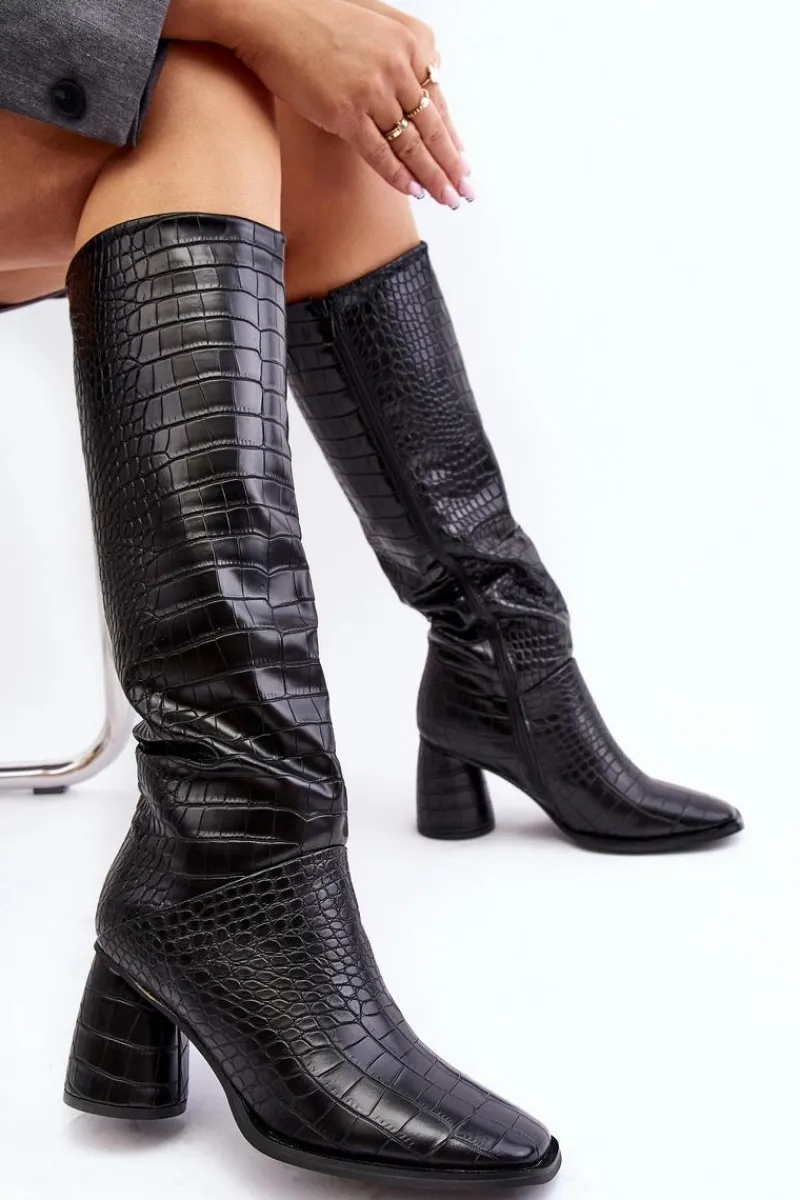 Best Damskie Kozaki Do Kolana Na Słupku Wężowy Wzór Czarne Ceriona Damskie Kozaki Przed Kolano|Kozaki Na Obcasie